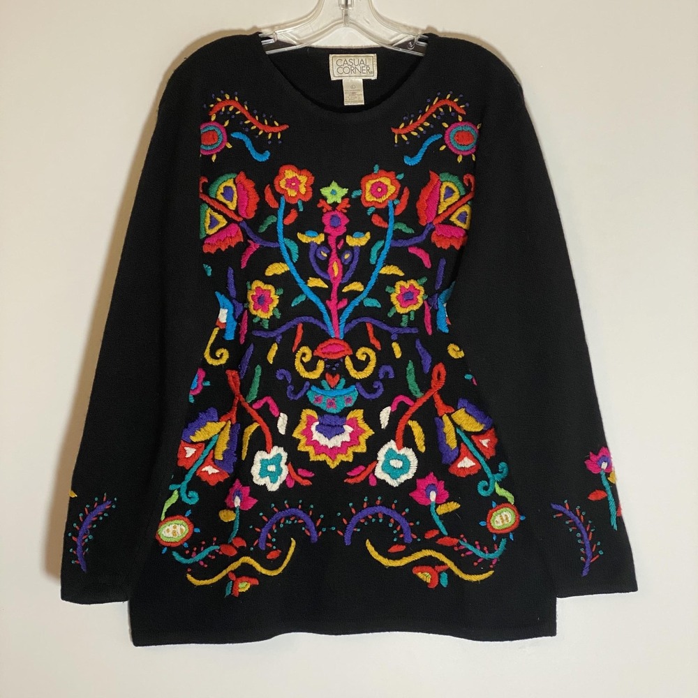 Vintage Casual Corner Sweater Womens Large Black Floral Embroidered Knit 80s